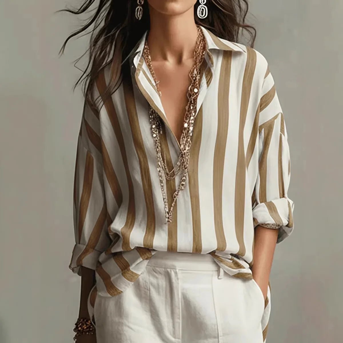 Hazel | Casual Vertical Striped Open Collar Blouse 1