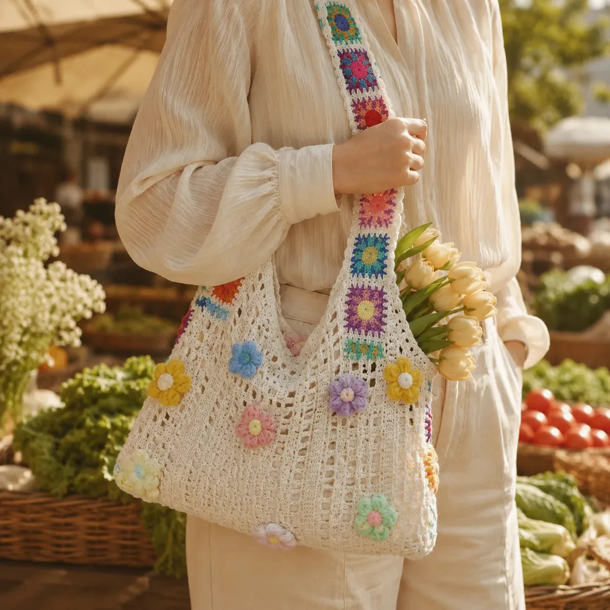 Women's Crochet Shoulder Bag | Floral 3D Detail & Roomy Design 1