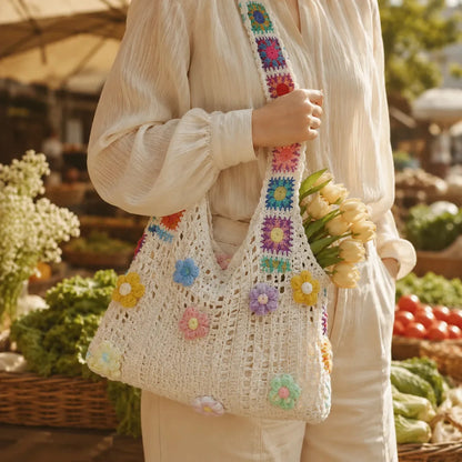 Women's Crochet Shoulder Bag | Floral 3D Detail & Roomy Design 1