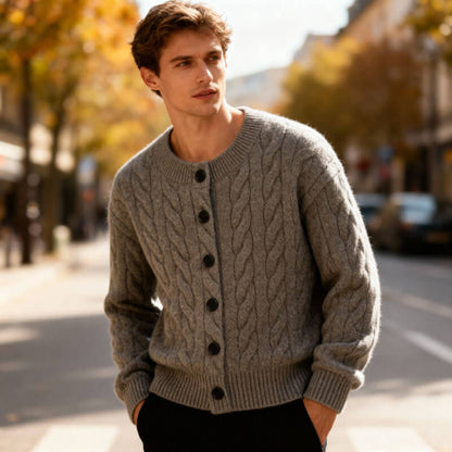 Men's Cable Knit Cardigan Button Up Ribbed Jumper Sweater 3