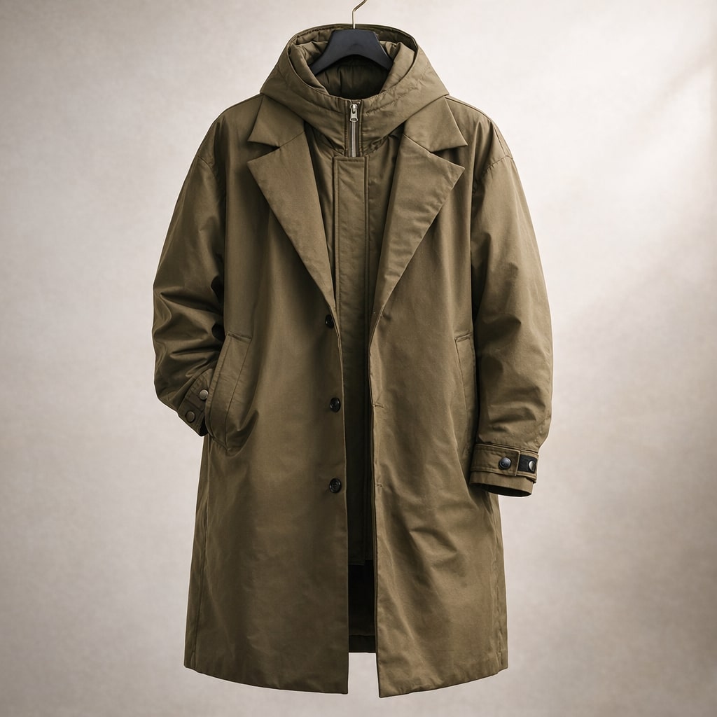 Men's Coat Longline Hooded Double Layer Front with Buttoned Closure 1