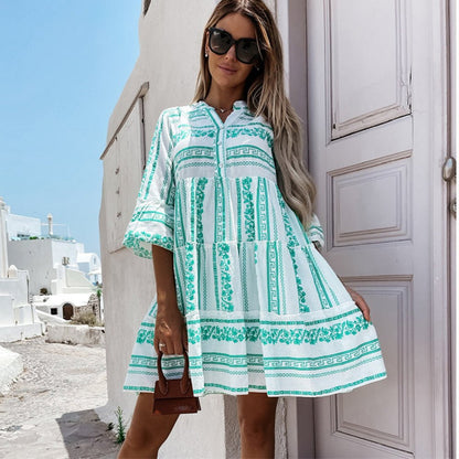 Women's Mini Dress | Tiered Boho Print Flare Sleeve