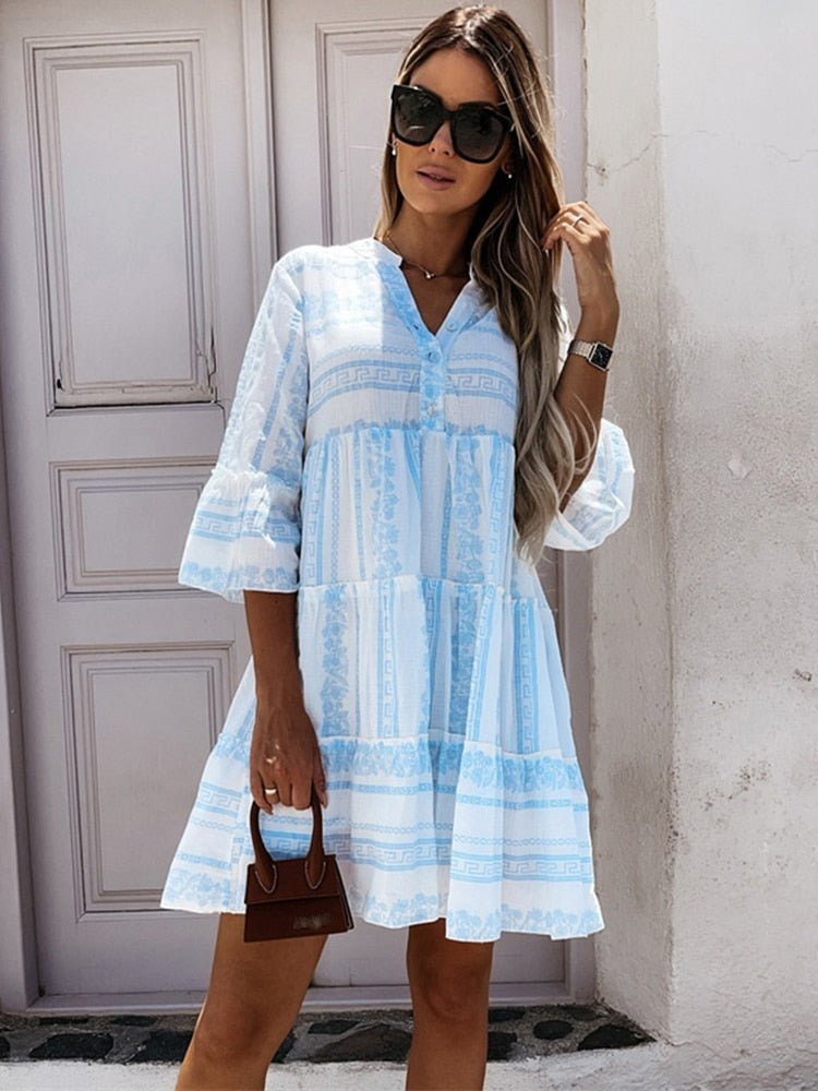 Women's Mini Dress | Tiered Boho Print Flare Sleeve