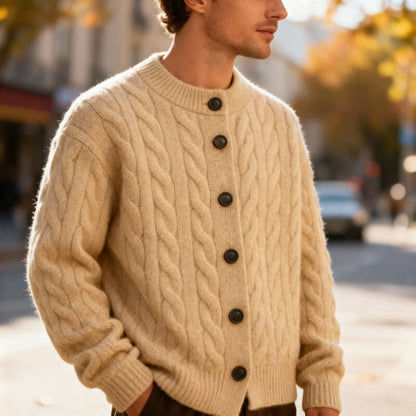 Men's Cable Knit Cardigan Button Up Ribbed Jumper Sweater 1