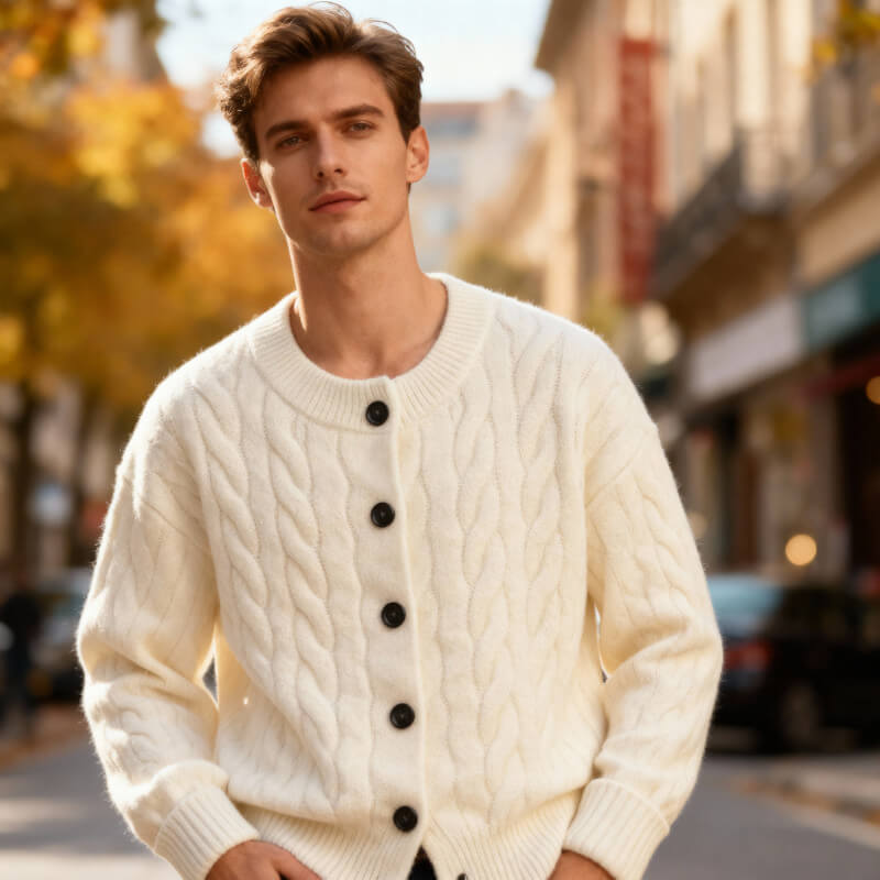 Men's Cable Knit Cardigan Button Up Ribbed Jumper Sweater 6