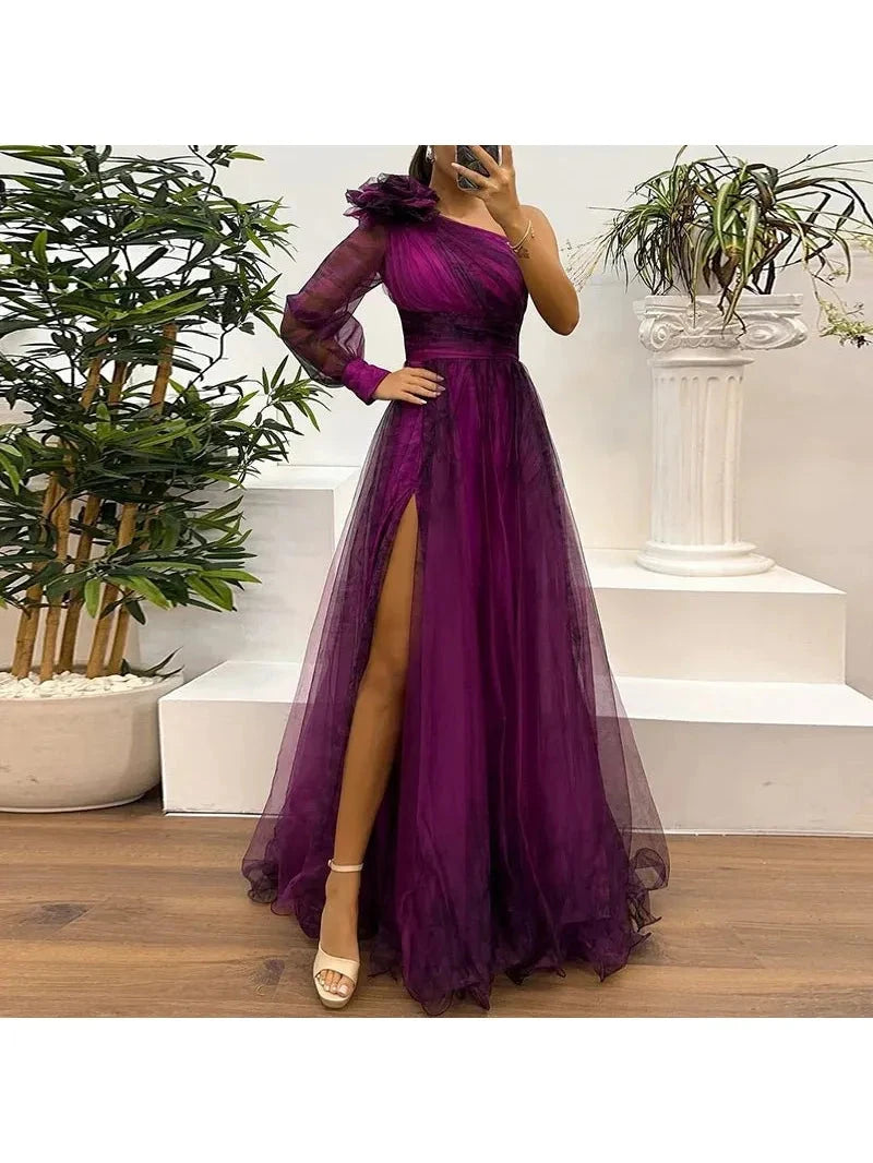 Judith - Trendy One Shoulder Mesh Print Maxi Dress 1