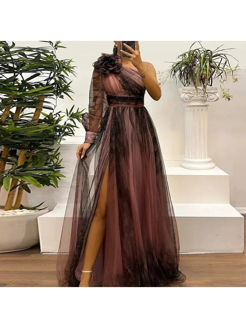 Judith - Trendy One Shoulder Mesh Print Maxi Dress 2