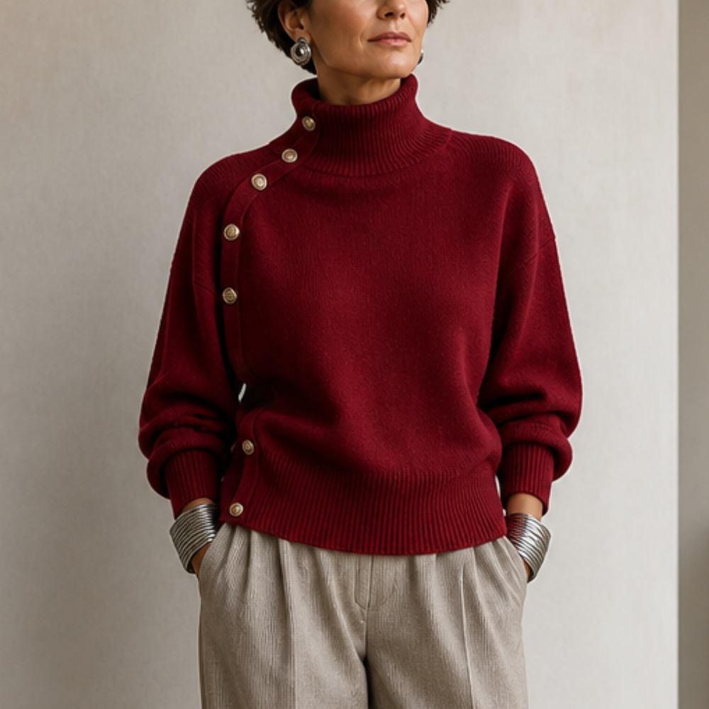 Women's Mock Neck Sweater | Asymmetric Buttons 11
