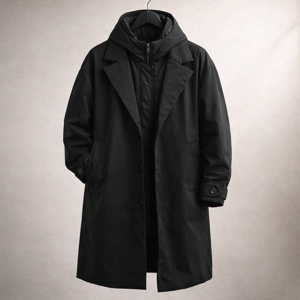 Men's Coat Longline Hooded Double Layer Front with Buttoned Closure 2