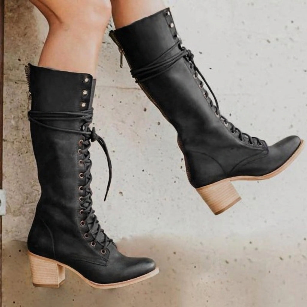 Lace-Up Block Heel Knee-High Boots for Women – Stylish & Supportive Design 0