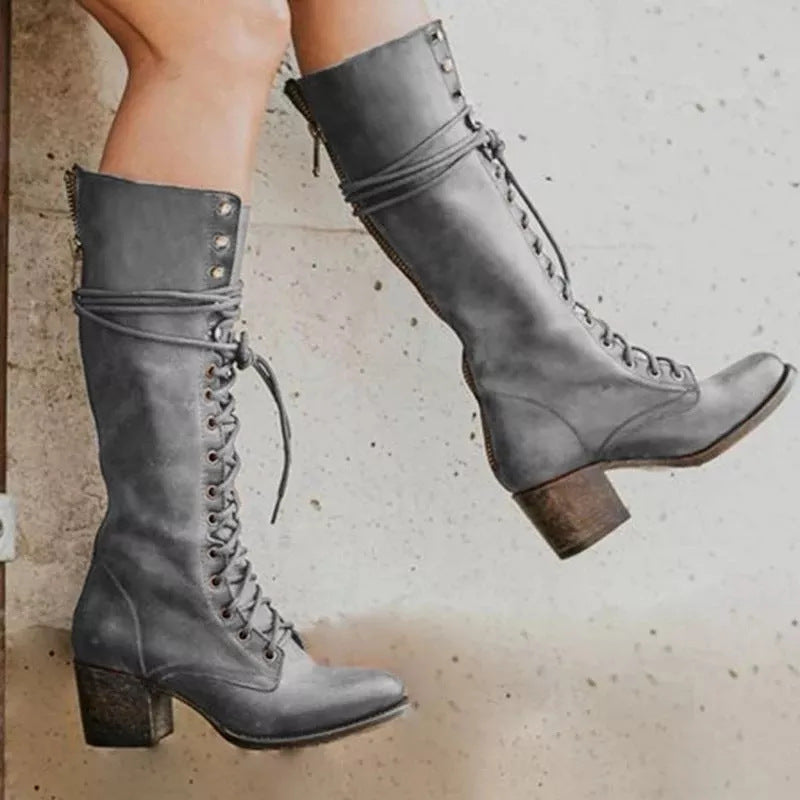 Lace-Up Block Heel Knee-High Boots for Women – Stylish & Supportive Design 1