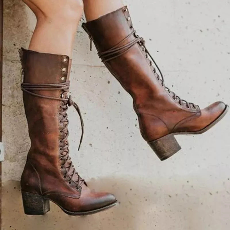 Lace-Up Block Heel Knee-High Boots for Women – Stylish & Supportive Design 2