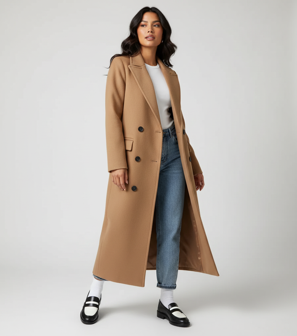Women's Long Double-Breasted Coat | Elegant Fit & Buttoned Closure 7