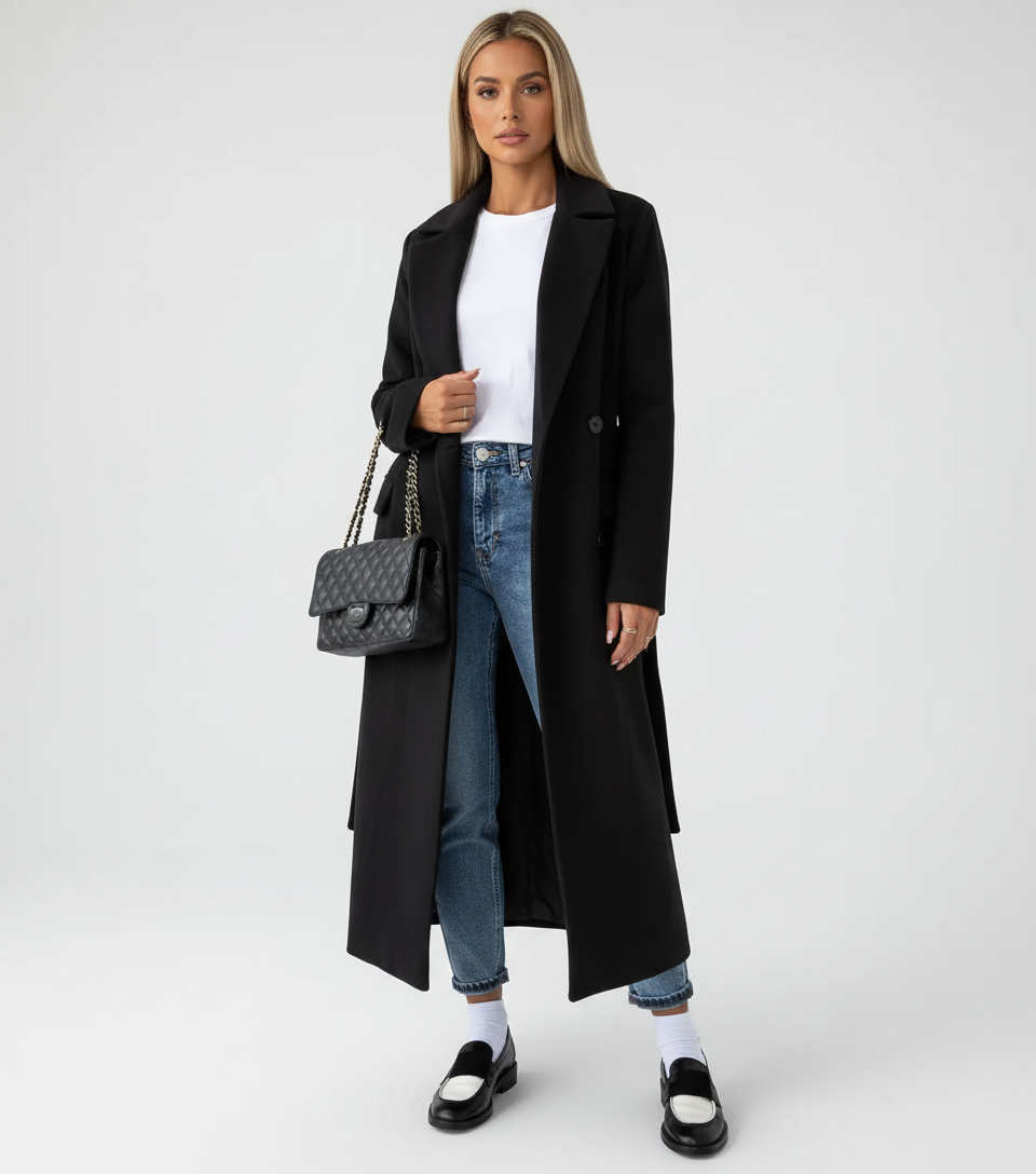 Women's Long Double-Breasted Coat | Elegant Fit & Buttoned Closure 10