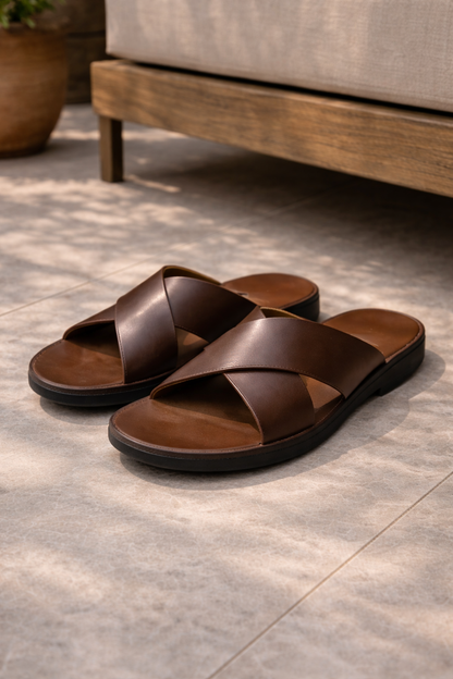 Lawrence | Men’s Cross Strap Leather Slide Sandals 0