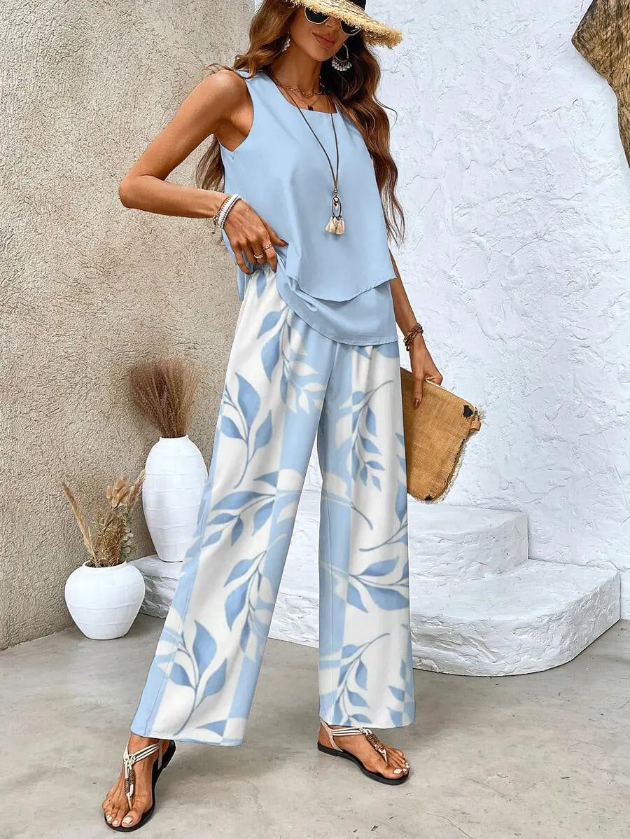 Women's Summer Two Piece Set | Layered Top & Wide-Leg