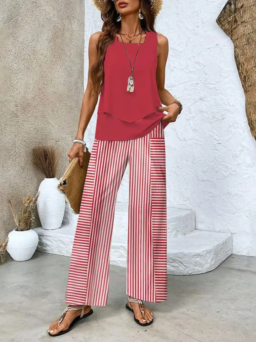 Women's Summer Two Piece Set | Layered Top & Wide-Leg