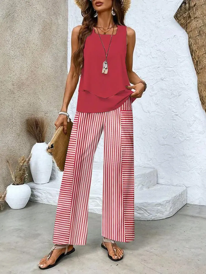 Women's Summer Two Piece Set | Layered Top & Wide-Leg