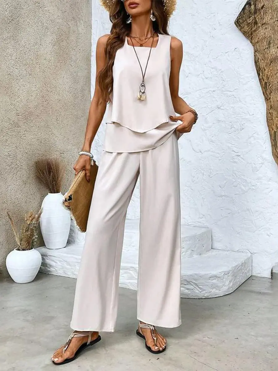 Women's Summer Two Piece Set | Layered Top & Wide-Leg