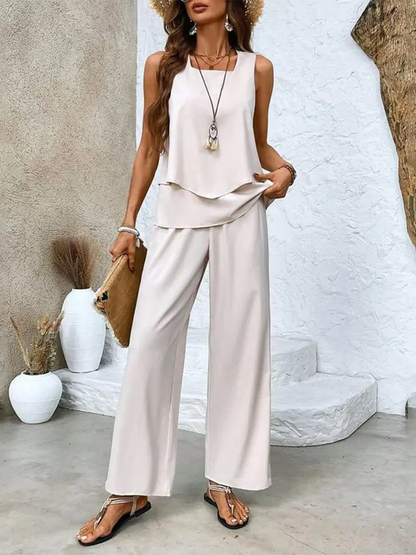 Women's Summer Two Piece Set | Layered Top & Wide-Leg