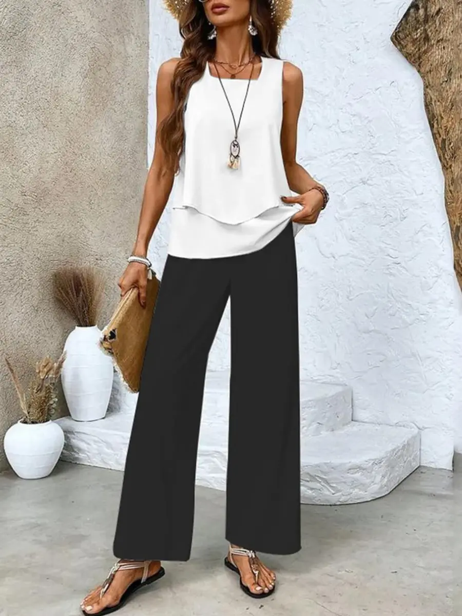 Women's Summer Two Piece Set | Layered Top & Wide-Leg