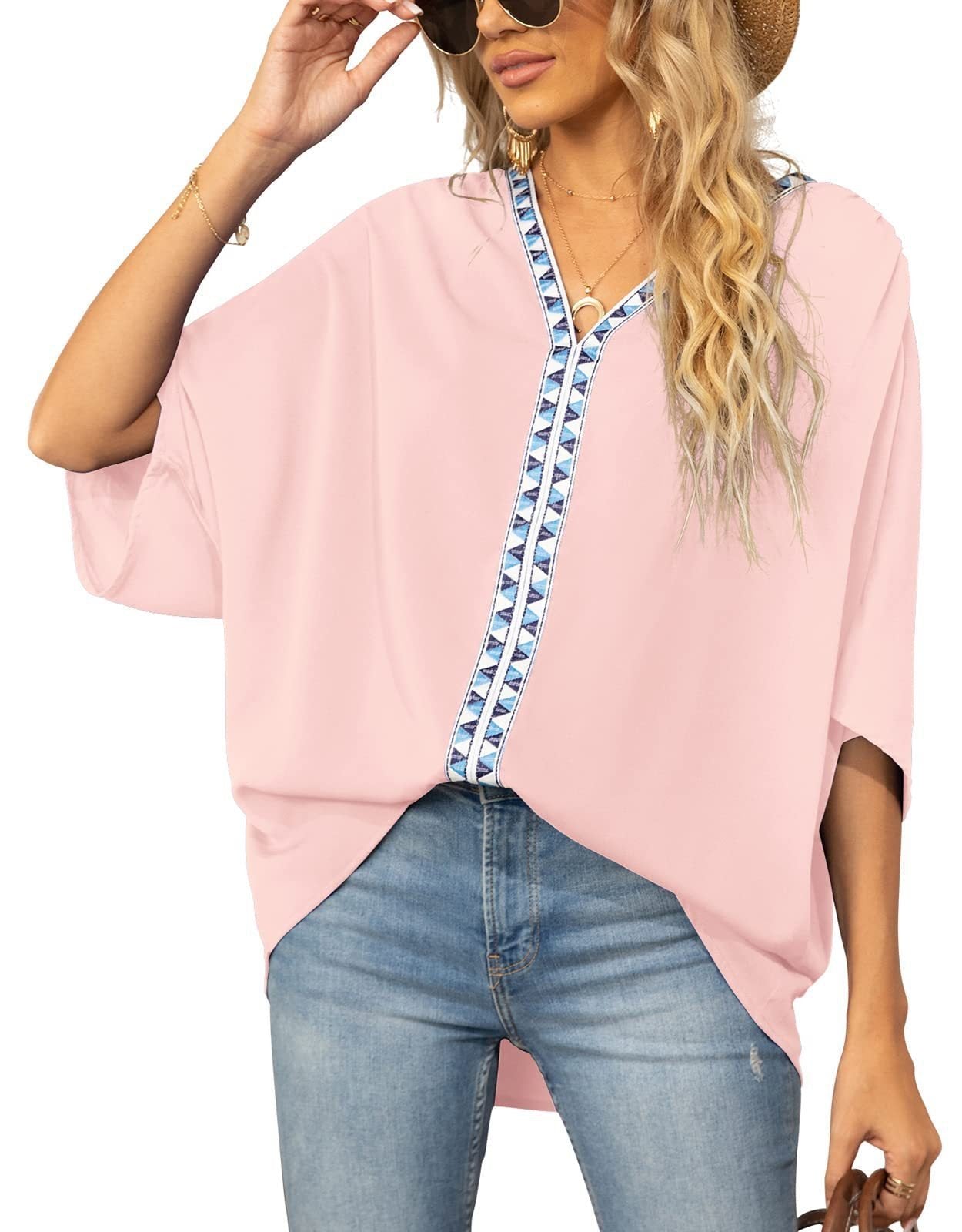 Women's Tunic Top | Geometric Trim V Neck