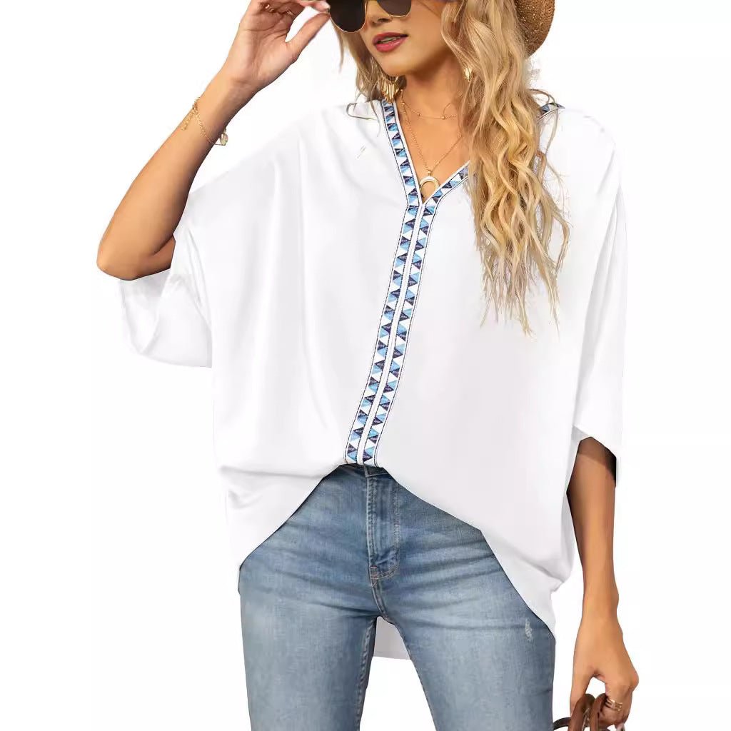 Women's Tunic Top | Geometric Trim V Neck
