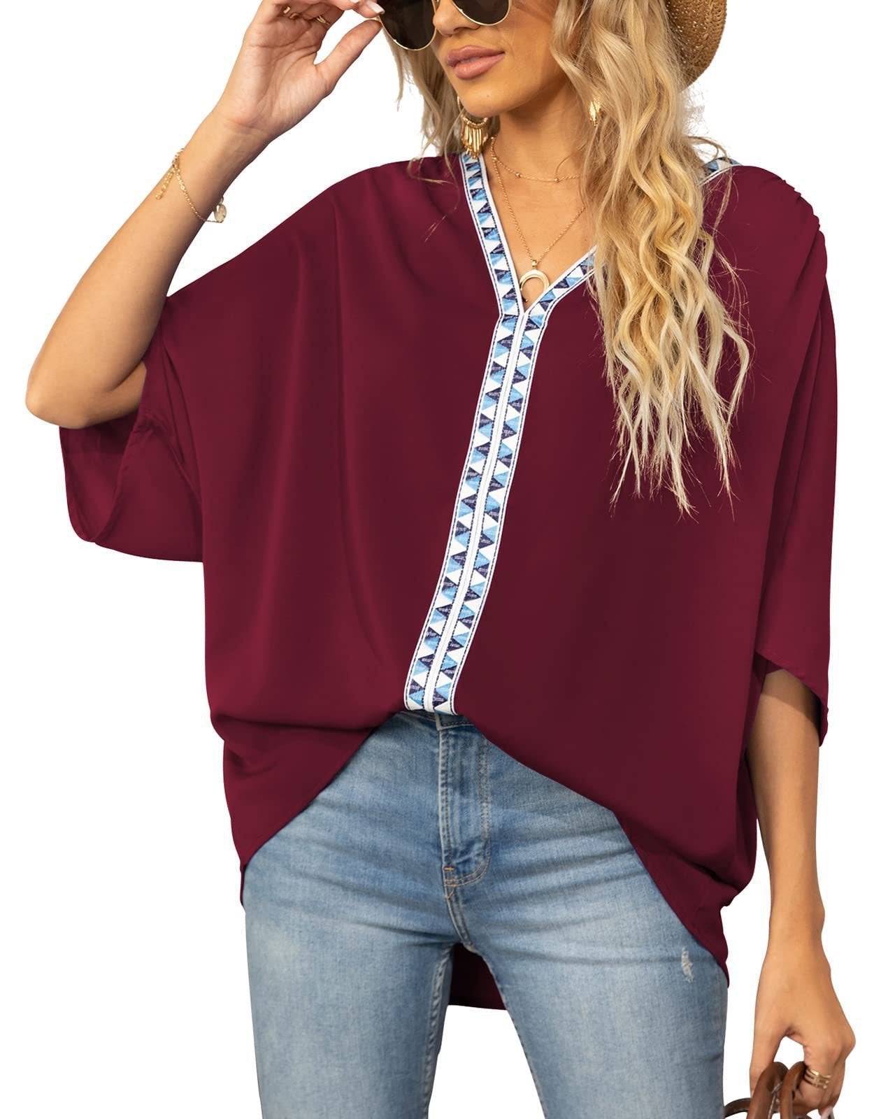 Women's Tunic Top | Geometric Trim V Neck