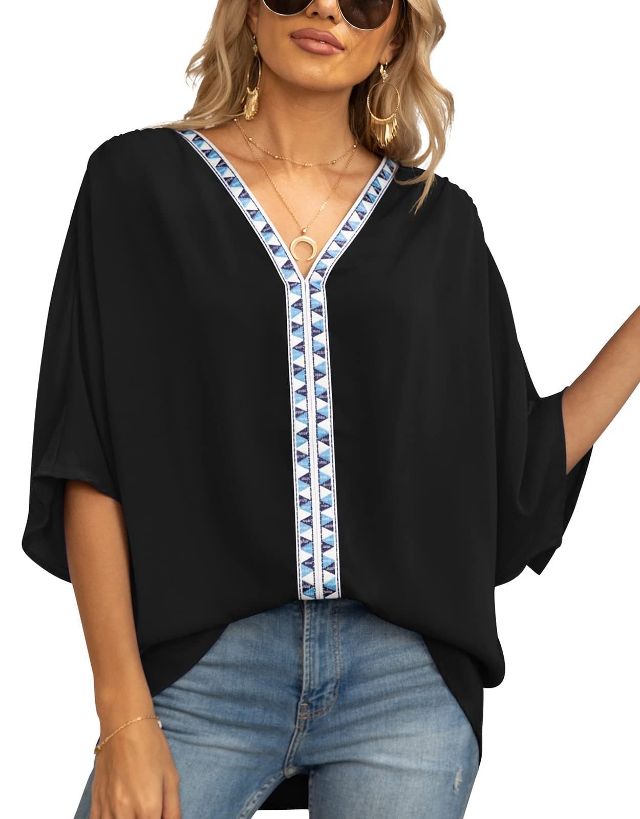 Women's Tunic Top | Geometric Trim V Neck