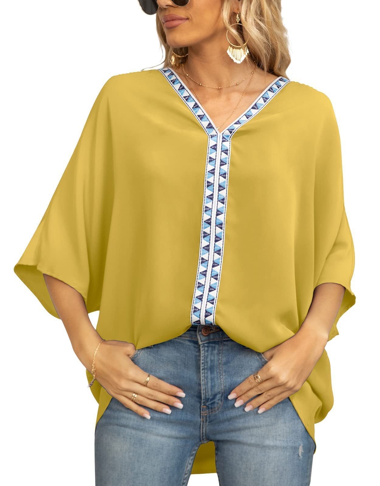 Women's Tunic Top | Geometric Trim V Neck