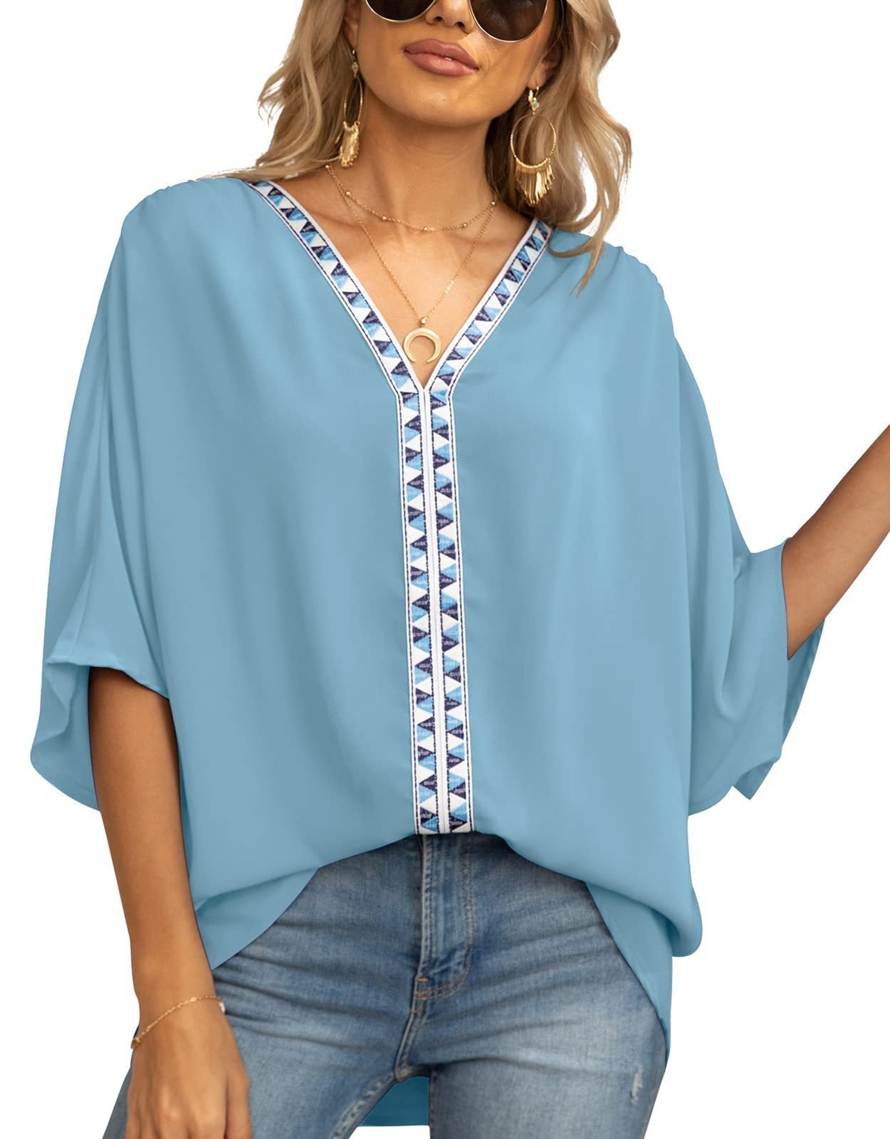 Women's Tunic Top | Geometric Trim V Neck