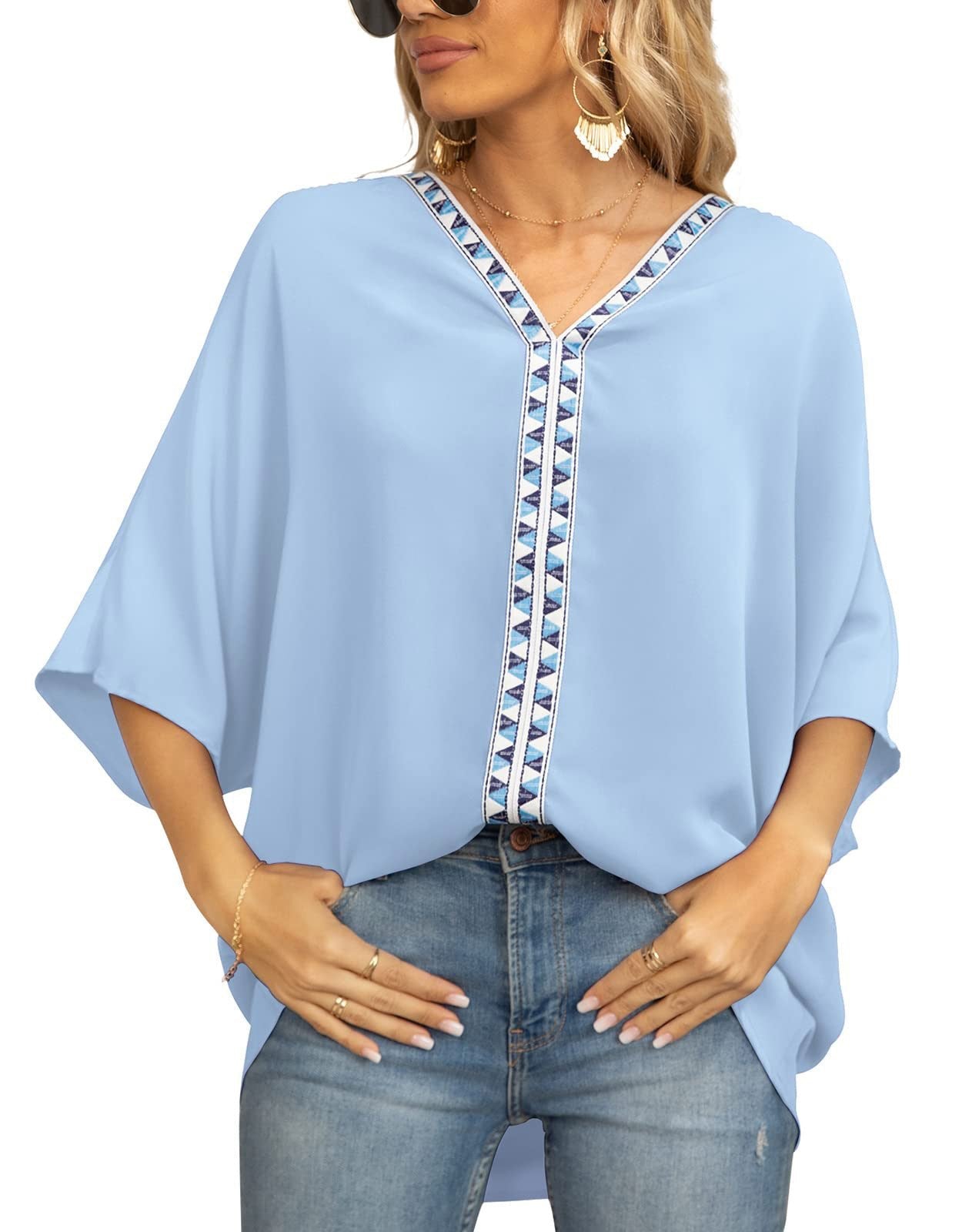 Women's Tunic Top | Geometric Trim V Neck