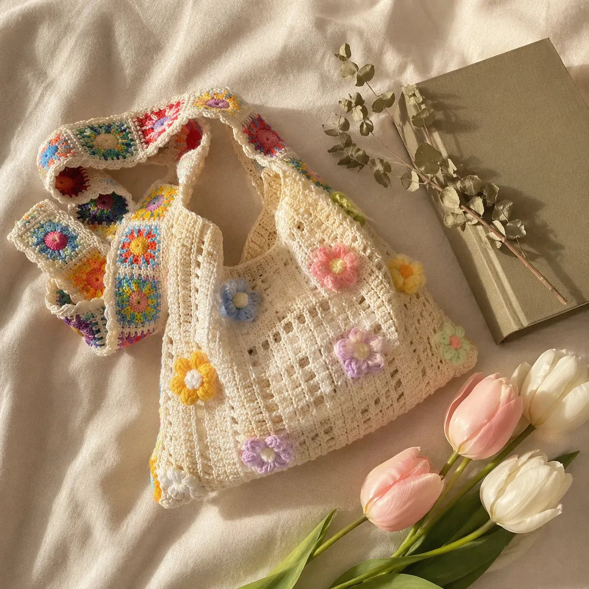 Women's Crochet Shoulder Bag | Floral 3D Detail & Roomy Design 5