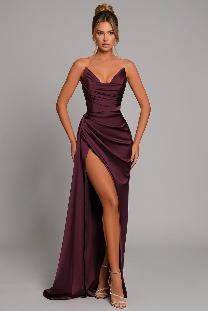 Lily | Maxi Dress Strapless Ruched Bodycon High Split 0