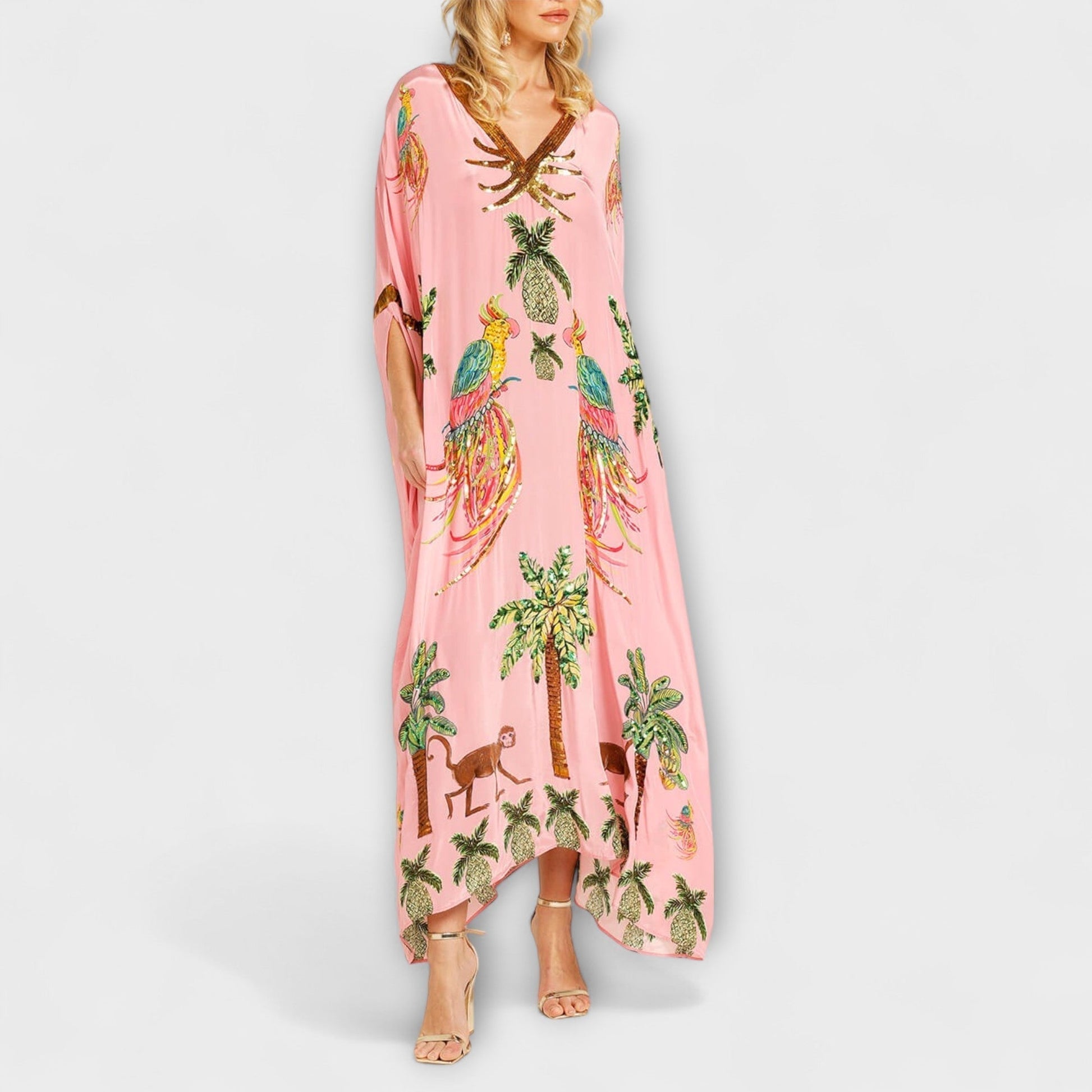 Linda - Chic Asymmetrical Shoulder Dress with Tropical Coconut Tree Design