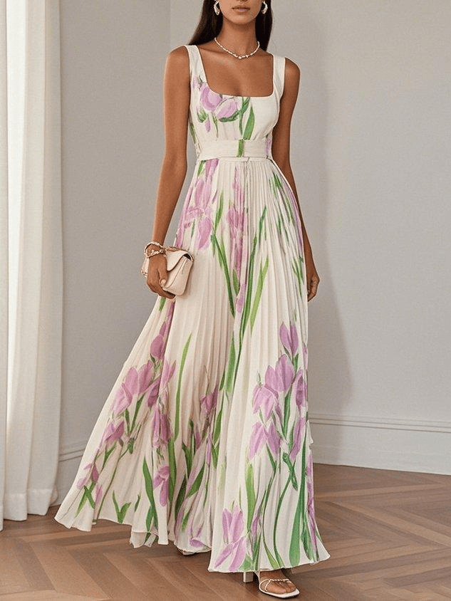 Luna Fashion House | Women's Floral Pleated Chiffon Maxi Dress Square Neck Sleeveless Summer UK 0
