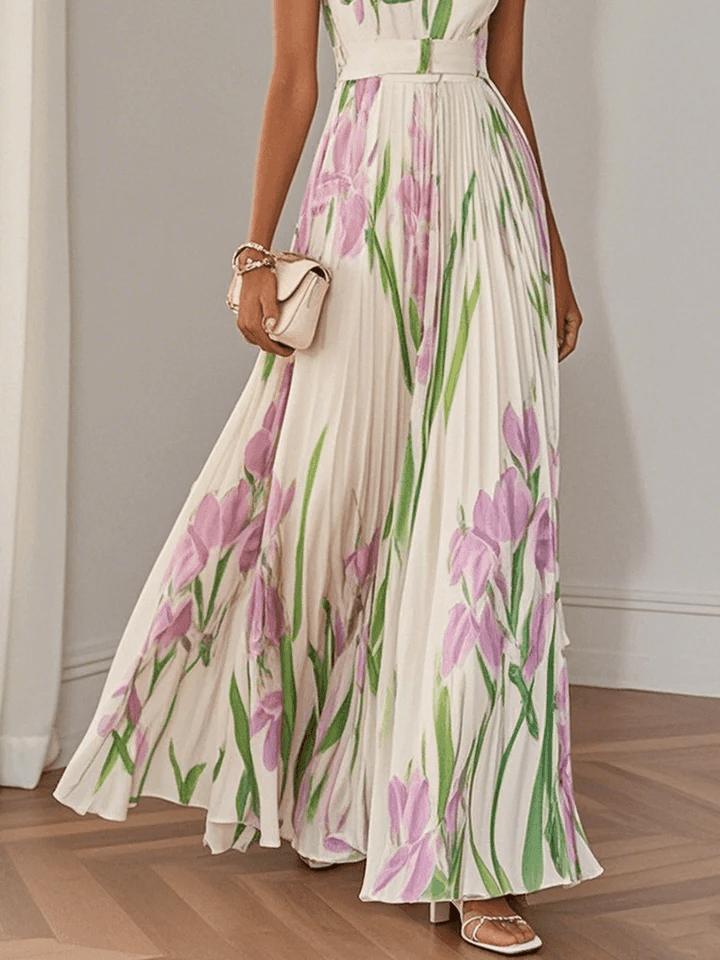 Luna Fashion House | Women's Floral Pleated Chiffon Maxi Dress Square Neck Sleeveless Summer UK 1