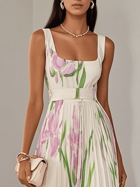 Luna Fashion House | Women's Floral Pleated Chiffon Maxi Dress Square Neck Sleeveless Summer UK 2