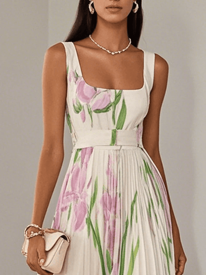 Luna Fashion House | Women's Floral Pleated Chiffon Maxi Dress Square Neck Sleeveless Summer UK 2