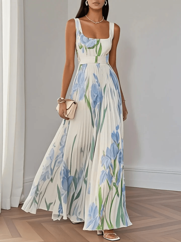 Luna Fashion House | Women's Floral Pleated Chiffon Maxi Dress Square Neck Sleeveless Summer UK 3