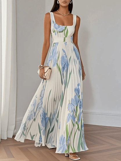 Luna Fashion House | Women's Floral Pleated Chiffon Maxi Dress Square Neck Sleeveless Summer UK 3