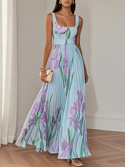 Luna Fashion House | Women's Floral Pleated Chiffon Maxi Dress Square Neck Sleeveless Summer UK 4
