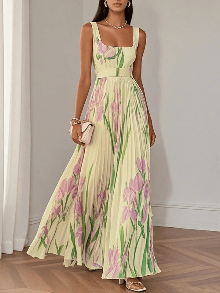 Luna Fashion House | Women's Floral Pleated Chiffon Maxi Dress Square Neck Sleeveless Summer UK 5