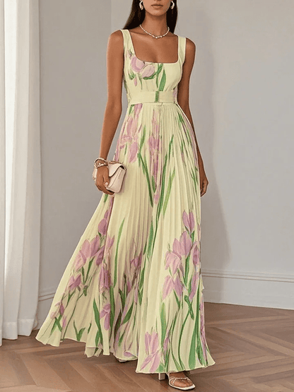 Luna Fashion House | Women's Floral Pleated Chiffon Maxi Dress Square Neck Sleeveless Summer UK 5