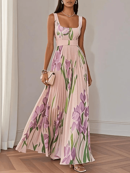 Luna Fashion House | Women's Floral Pleated Chiffon Maxi Dress Square Neck Sleeveless Summer UK 6