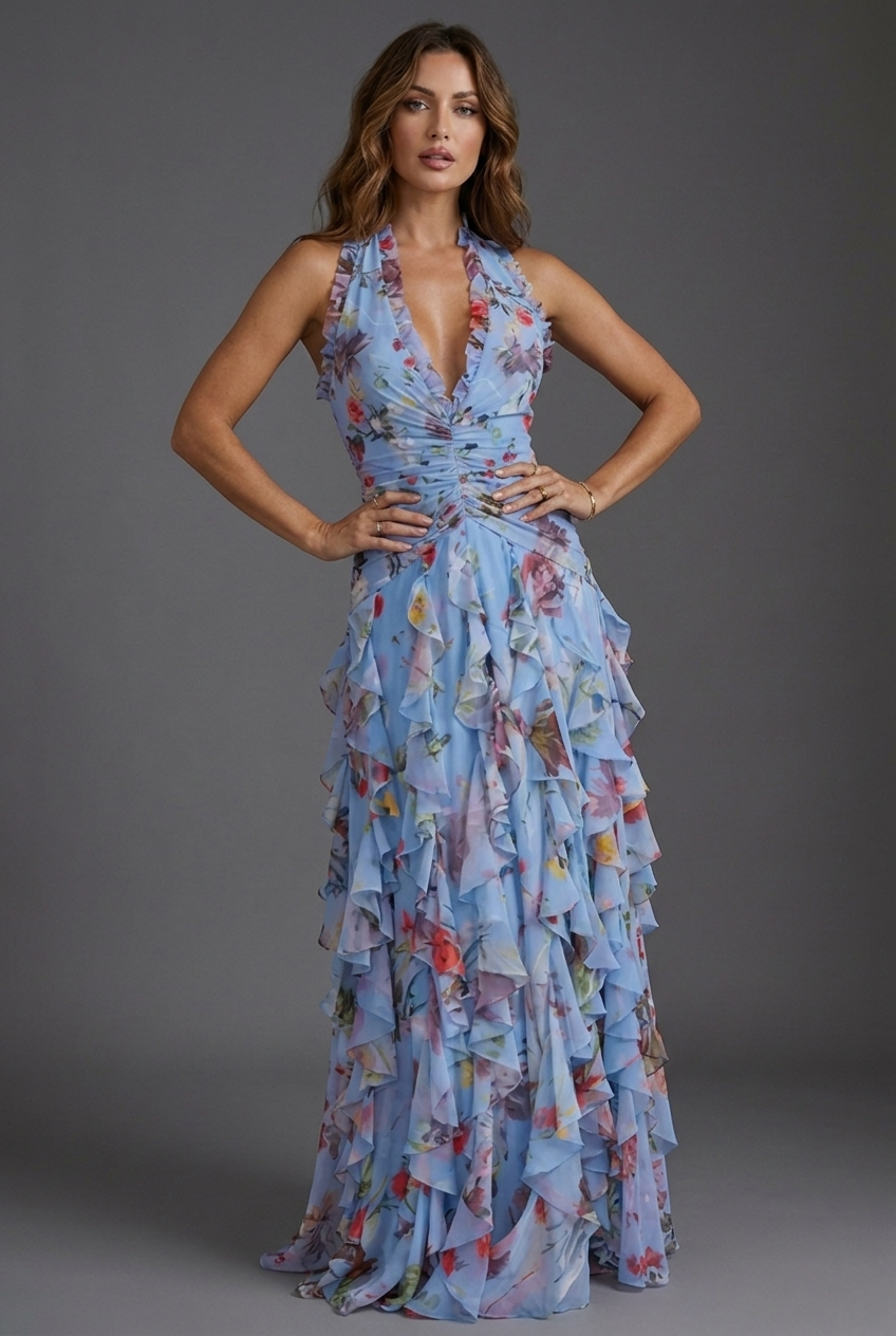 Luna Fashion House | Women's Floral Ruffle Maxi Wedding Guest Dress 4