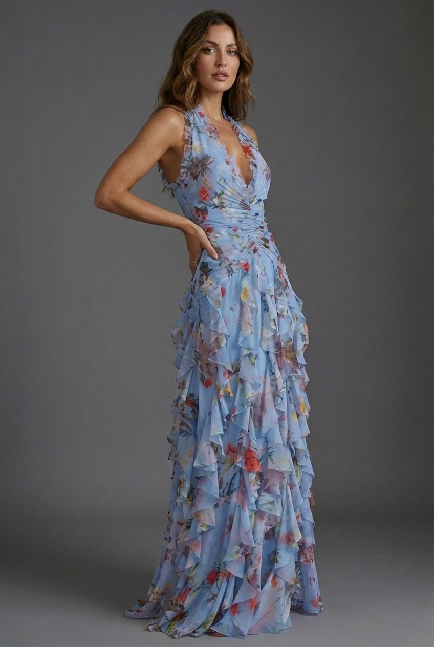 Luna Fashion House | Women's Floral Ruffle Maxi Wedding Guest Dress 5