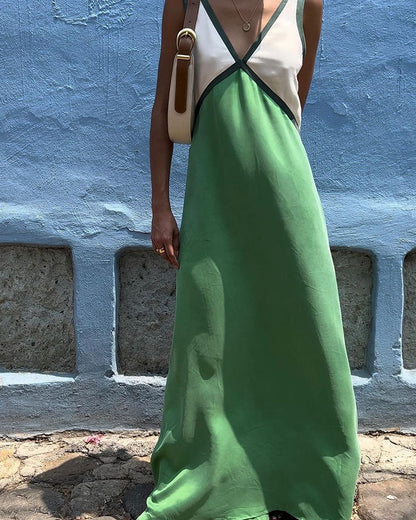 Women's Contrast Maxi Dress | V-Neck & Bold Two-Tone Design