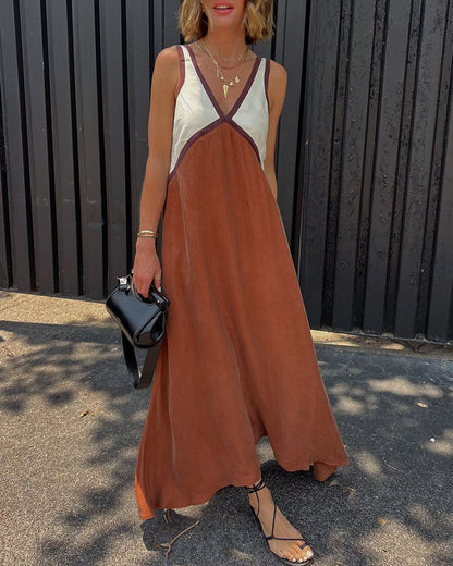 Women's Contrast Maxi Dress | V-Neck & Bold Two-Tone Design