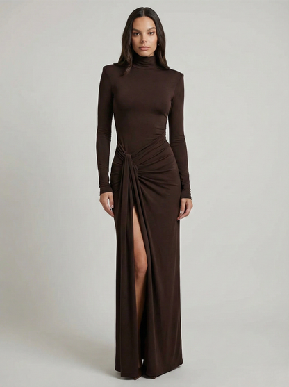 Women's Classy Maxi Dress | Ruched Detail & High Neck Long Sleeve